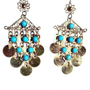 Gold coin filagree turquoise chandelier earrings